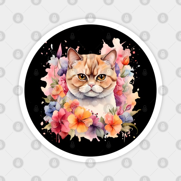 An exotic shorthair cat decorated with beautiful watercolor flowers Magnet by CreativeSparkzz